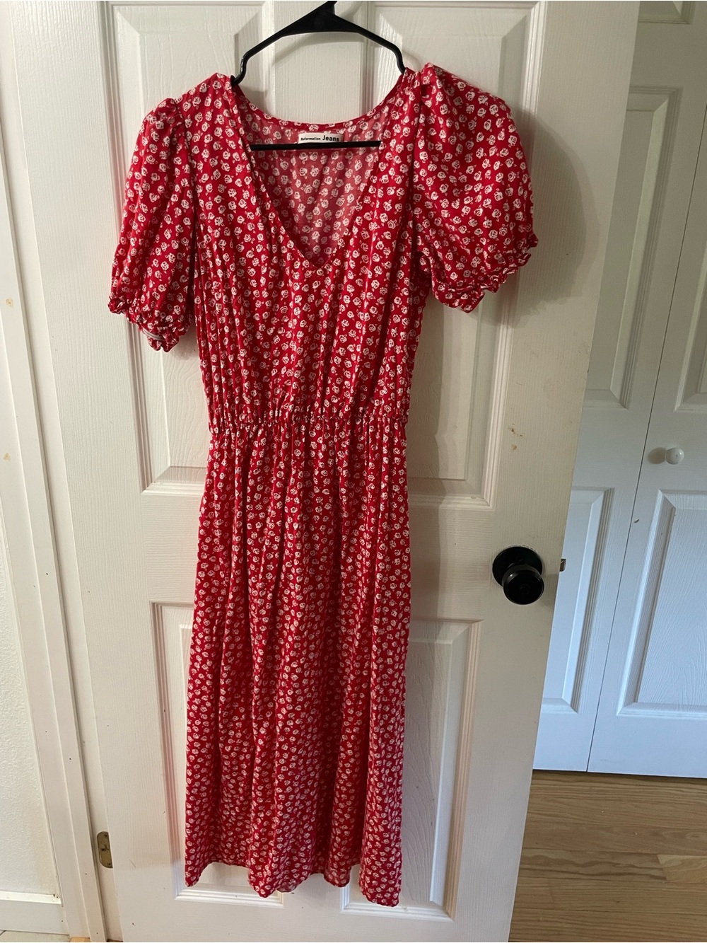 Reformation Red Floral Maxi Dress with Puff Sleeves